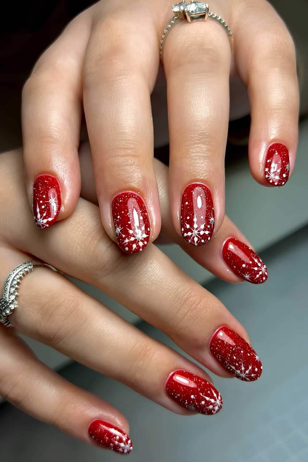 Shimmery Red Snowflake Nails