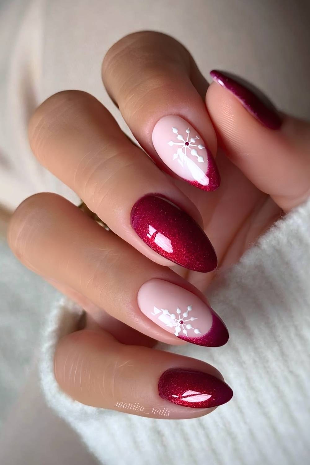 Shimmery Red Snowflake Nails