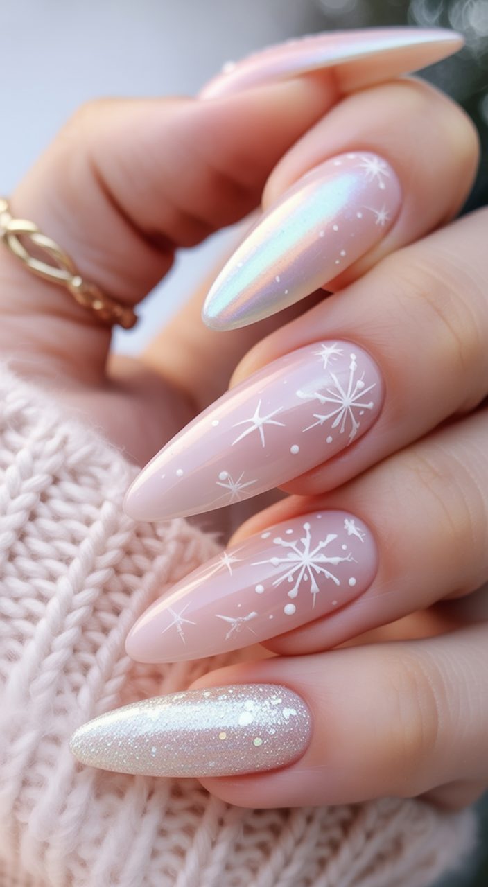Shimmery Snowflake Almond Holiday Nails