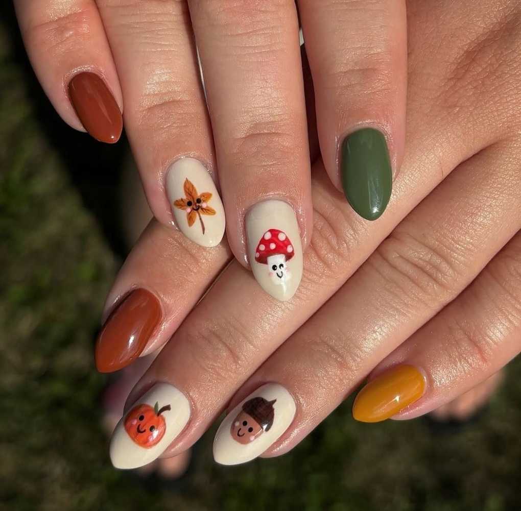 Short Autumn Almond Nails With Mushroom And Acorn Art