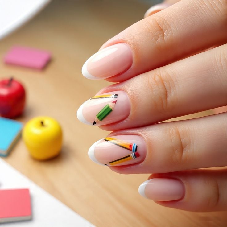 Short round nude nails with micro hand-painted green apples and open books art.