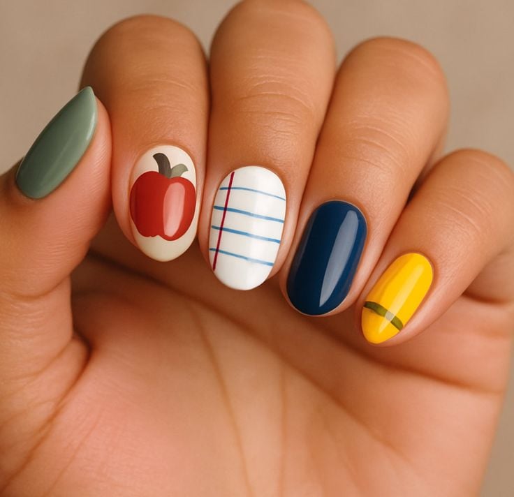 Short square nails with pastel color block graphics and thin ruler lines for back to school.
