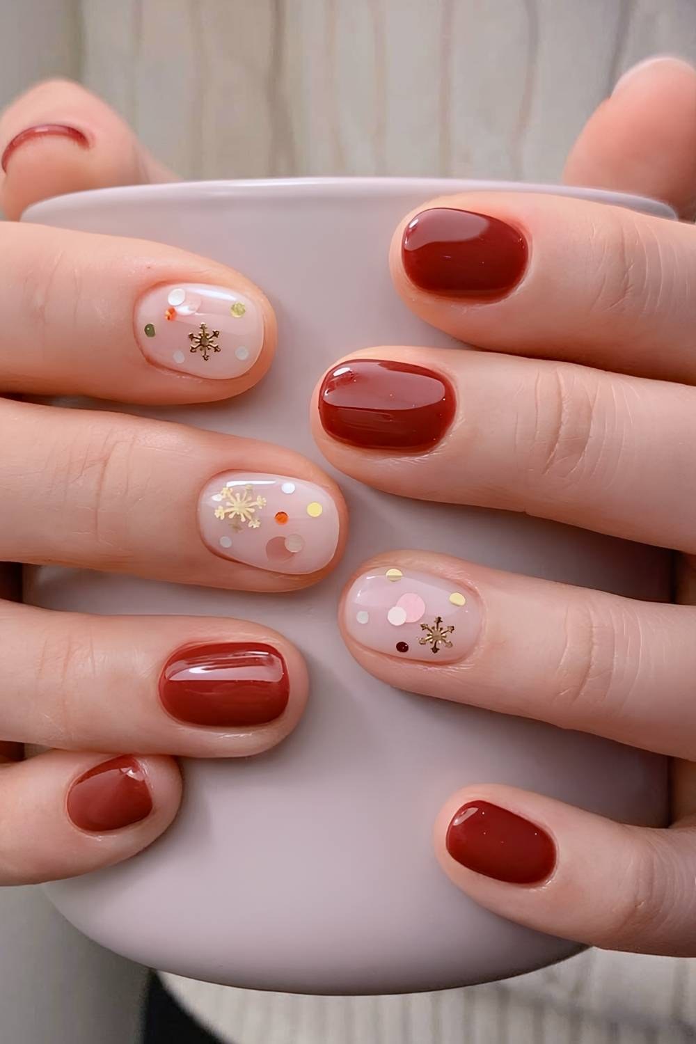 Short Cranberry Red Snowflake Nails