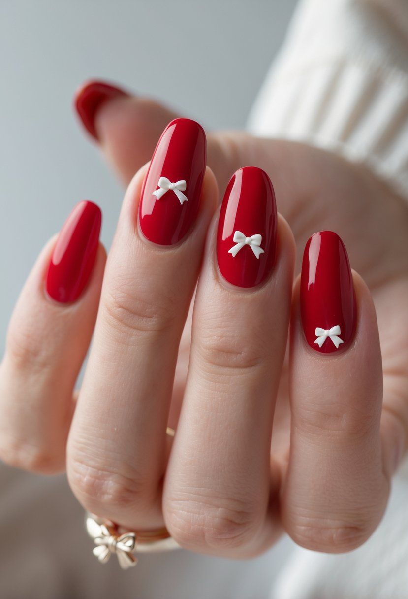 Short December Nails Simple Cherry Red White Bows