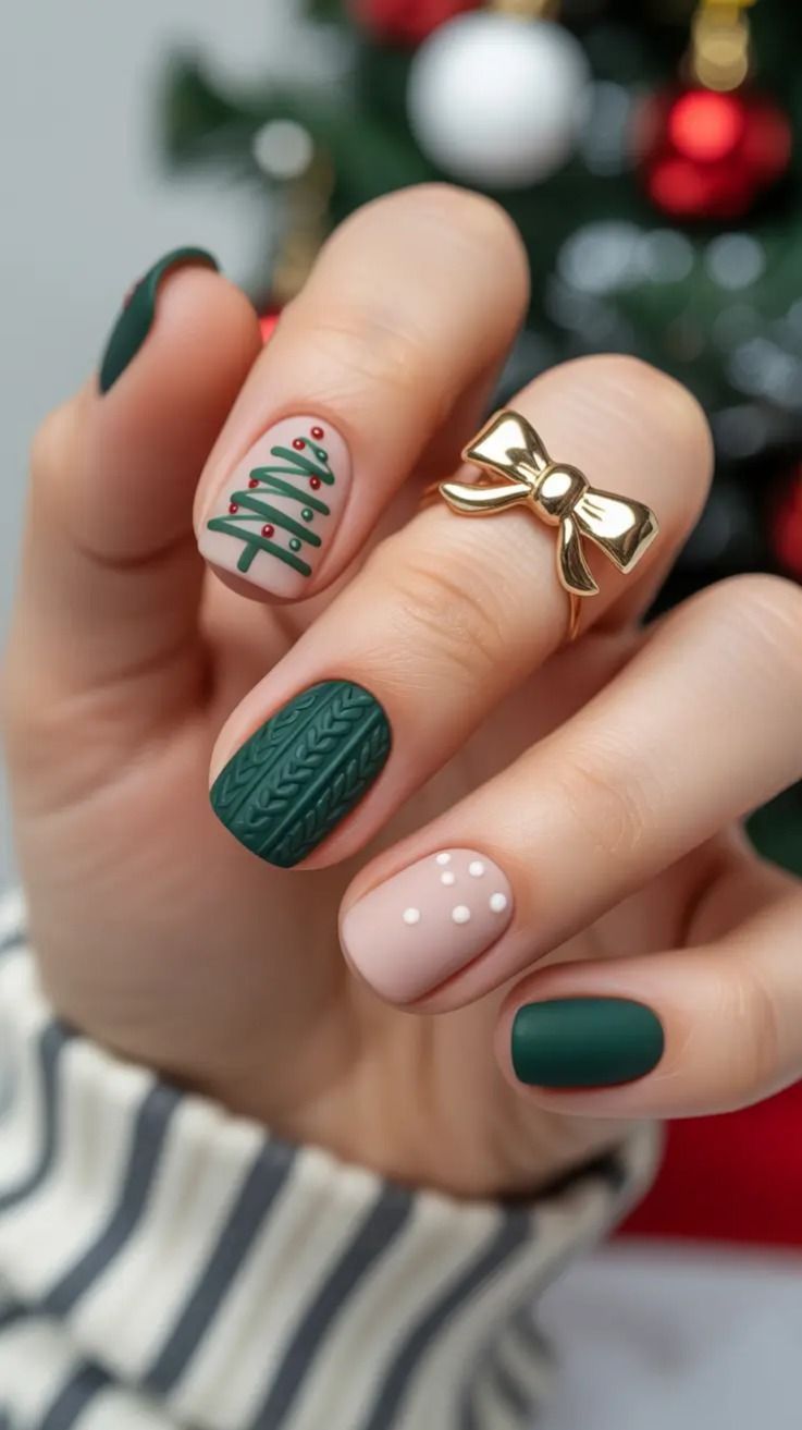 Short December Nails Simple Dark Green Knit Sweater