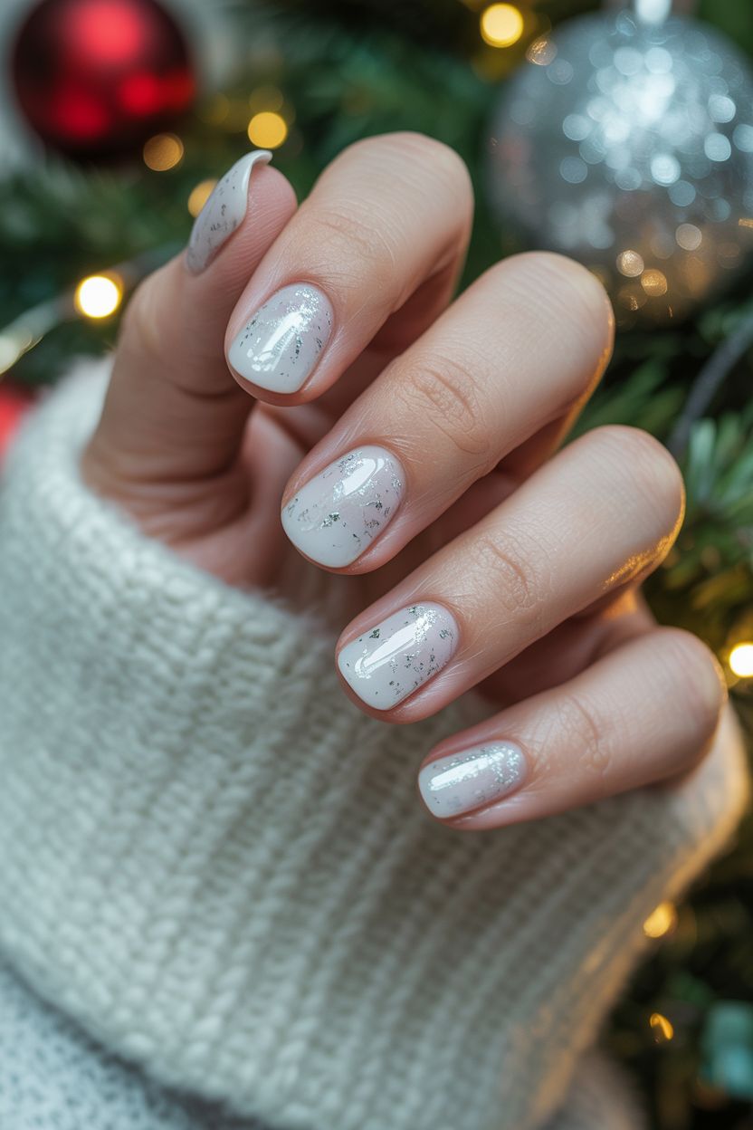 Short December Nails Simple Frosty White Sparkle