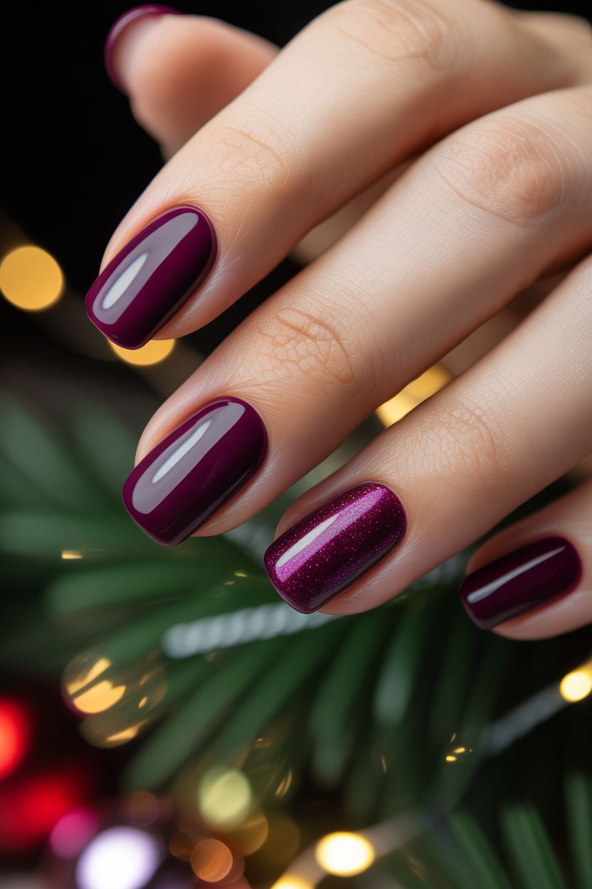 Short December Nails Simple Glossy Deep Plum