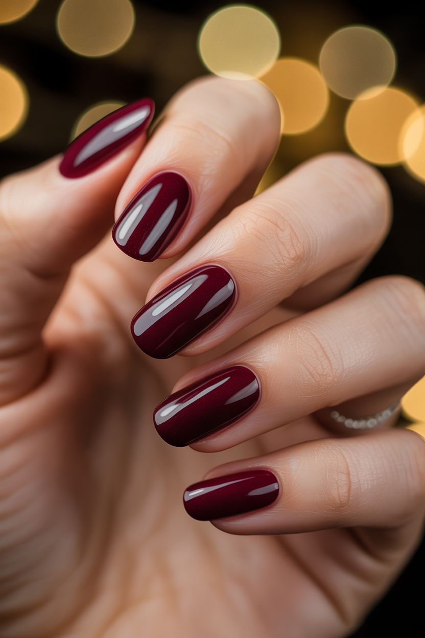 Short December Nails Simple Glossy Wine Red