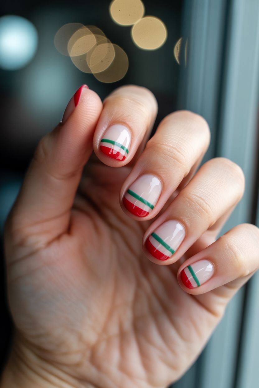 Short December Nails Simple Minimalist Red Green Dots