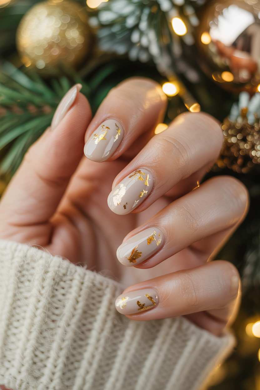 Short December Nails Simple Neutral Beige Gold Foil