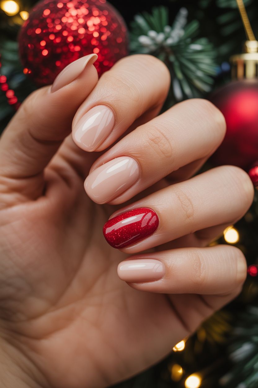 Short December Nails Simple Nude Festive Accent