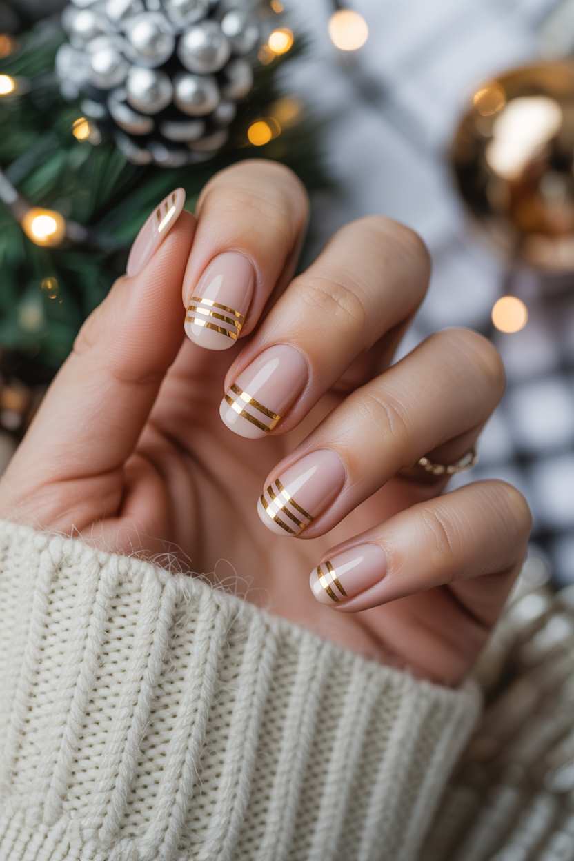 Short December Nails Simple Nude Gold Stripes