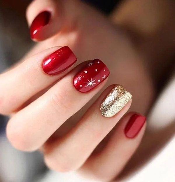 Short December Nails Simple Red Gold Glitter Stars