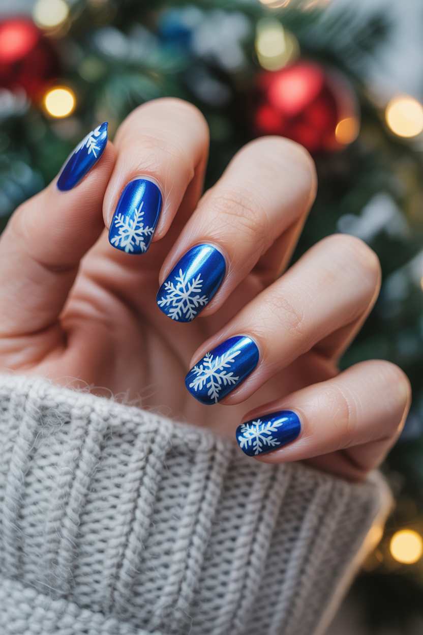 Short December Nails Simple Royal Blue Snowflakes