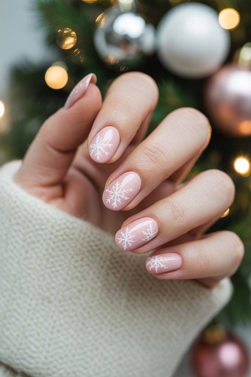 Short December Nails Simple Soft Pink White Snowflakes