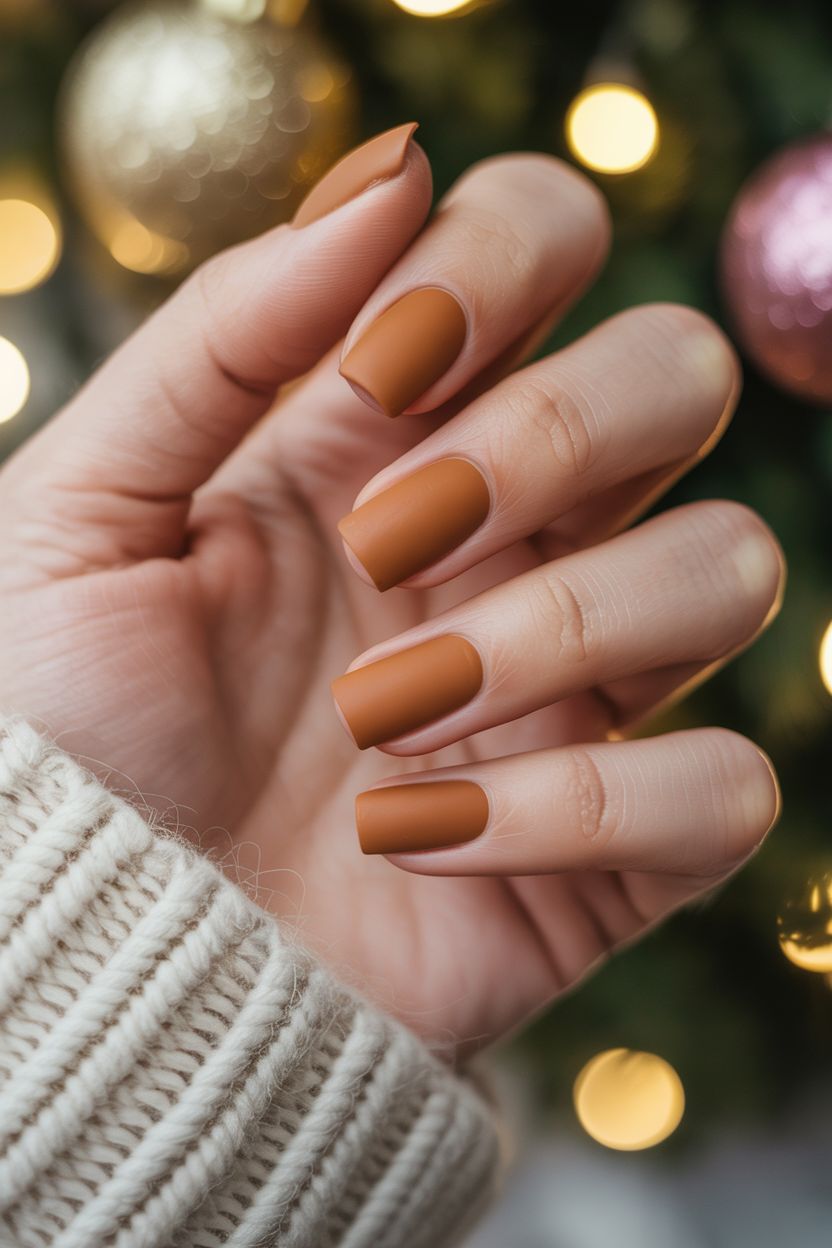 Short December Nails Simple Warm Toffee Matte
