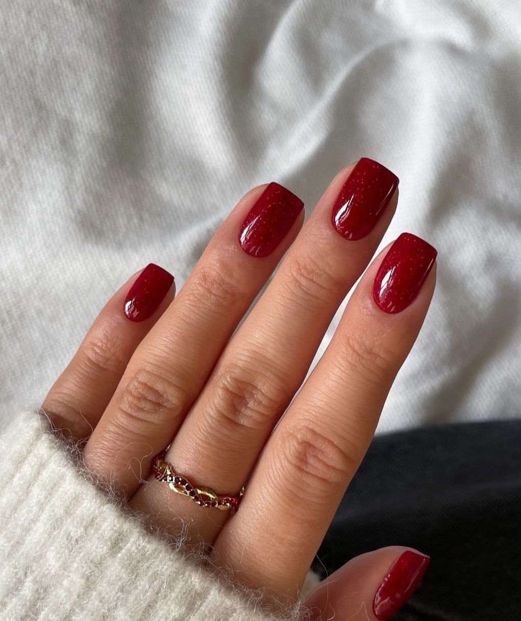Short Glossy Solid Red Nails