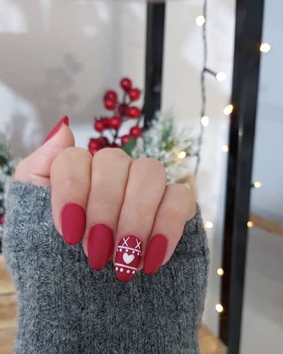 Short Matte Red Heart Accent Nails