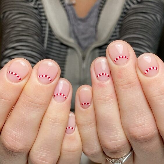 Short Minimalist Red White Arc Nails