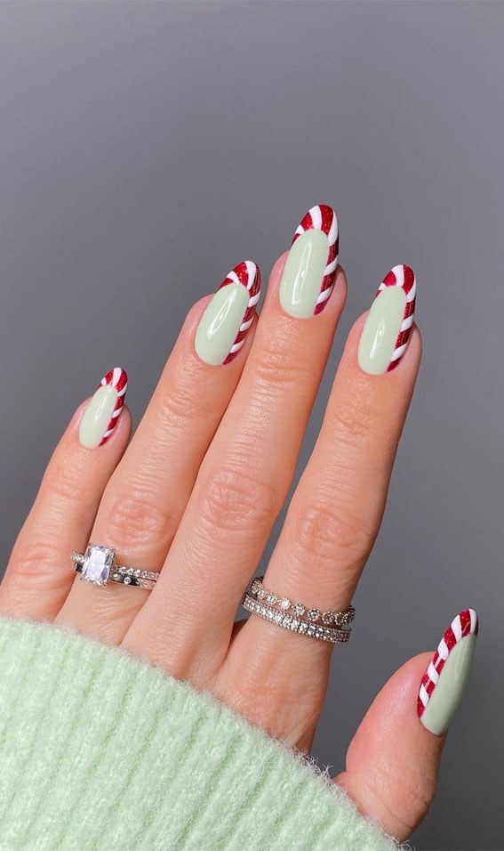 Short Mint Candy Cane Tip Nails