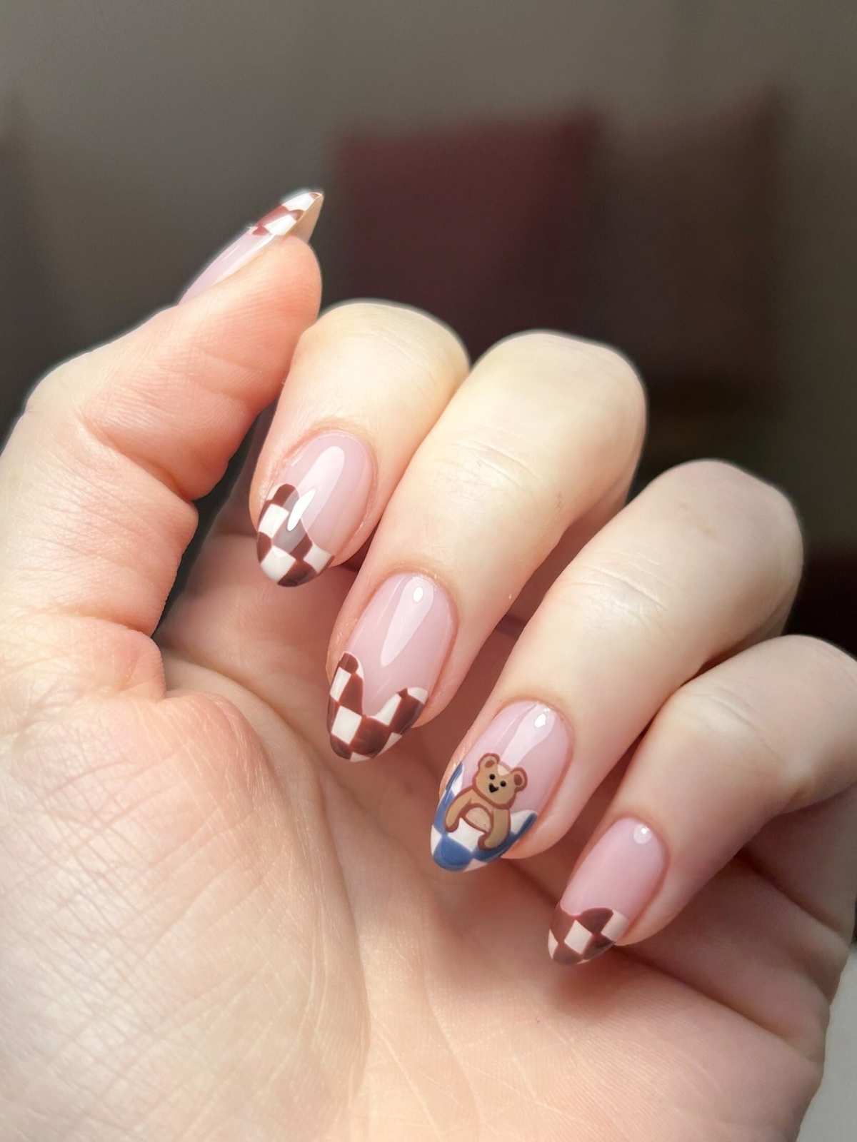 Short Pink Checkerboard Fall Nails With Teddy Bear Art