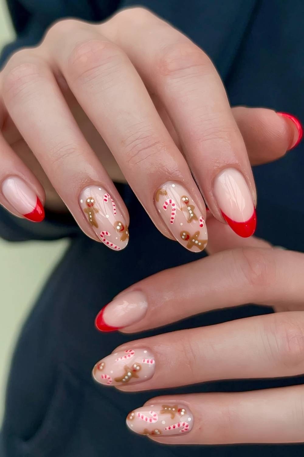 Short Red French Gingerbread Candy Cane Nails