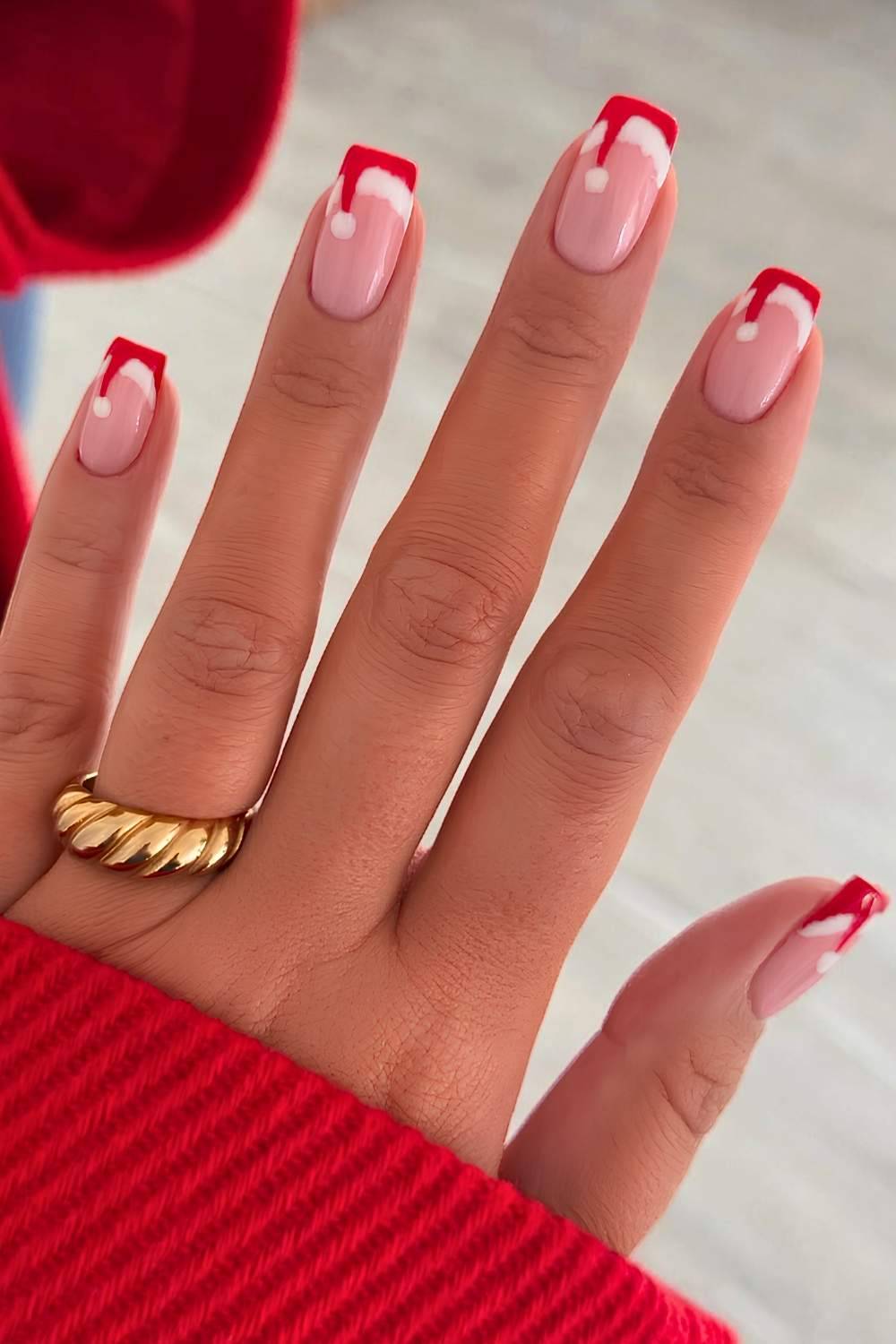 Short Red French Santa Hat Nails