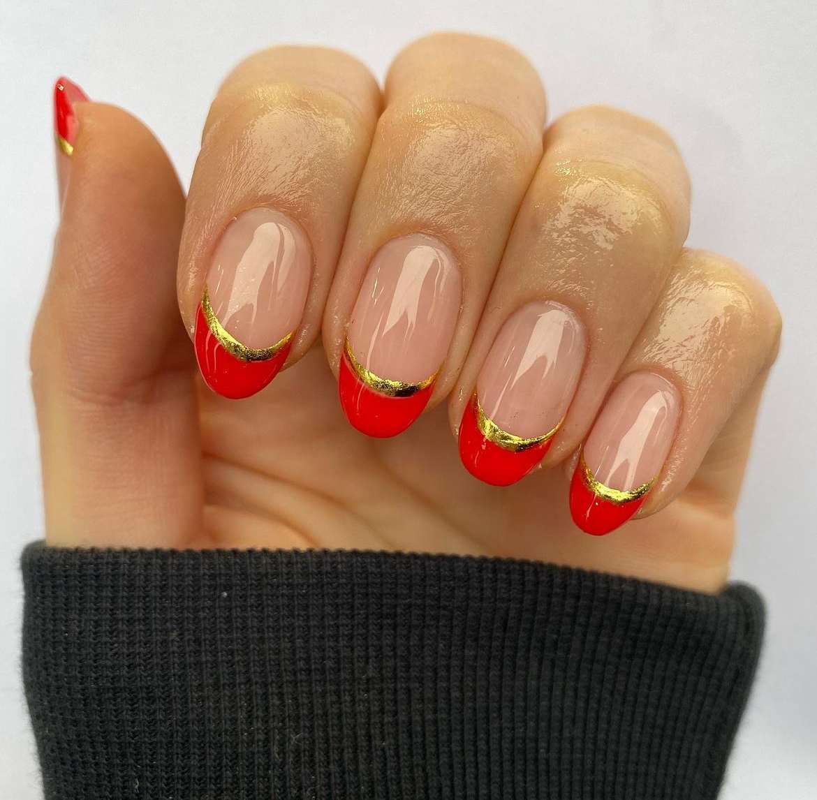 Short Red French Tip Gold Nails