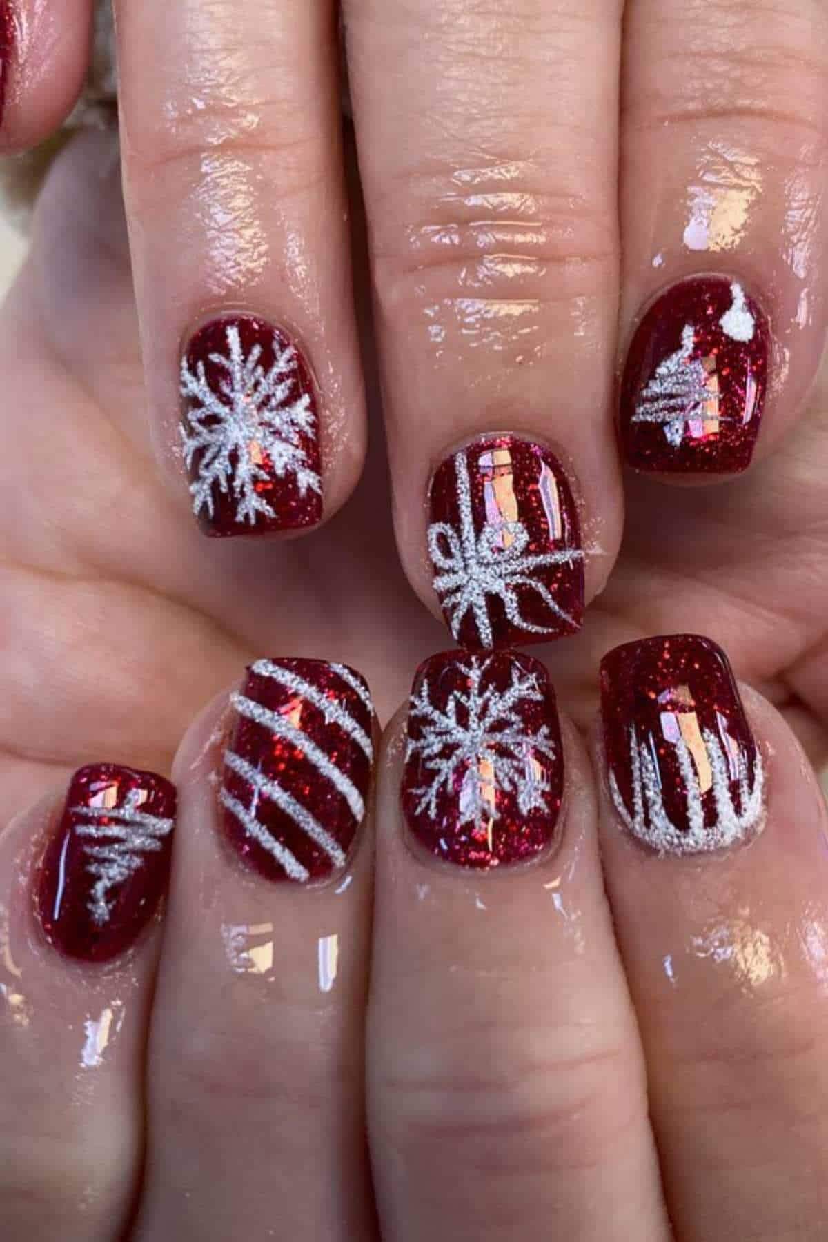 Short Red Glitter Nails