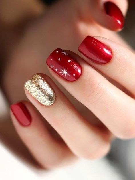 Short Red Gold Star Nails