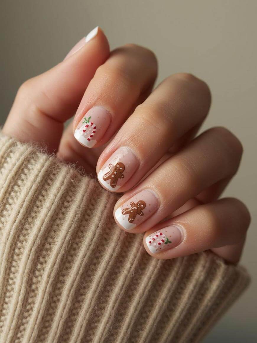 Short Rounded Gingerbread Holly Nails