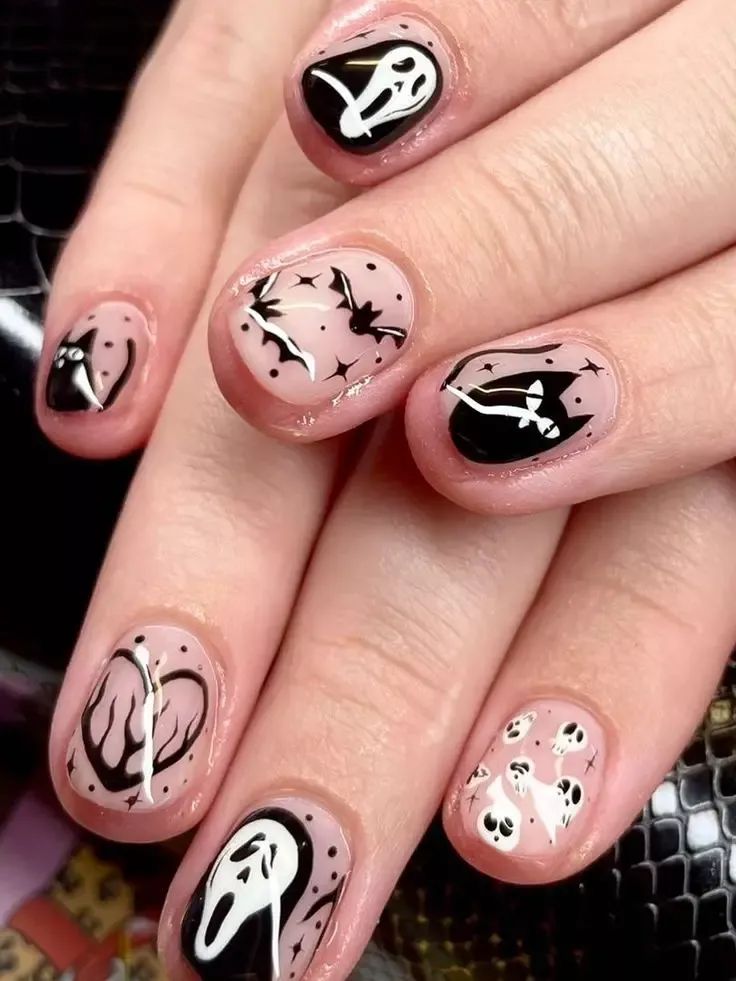 Short Round Ghostface And Black Cat Halloween Nails