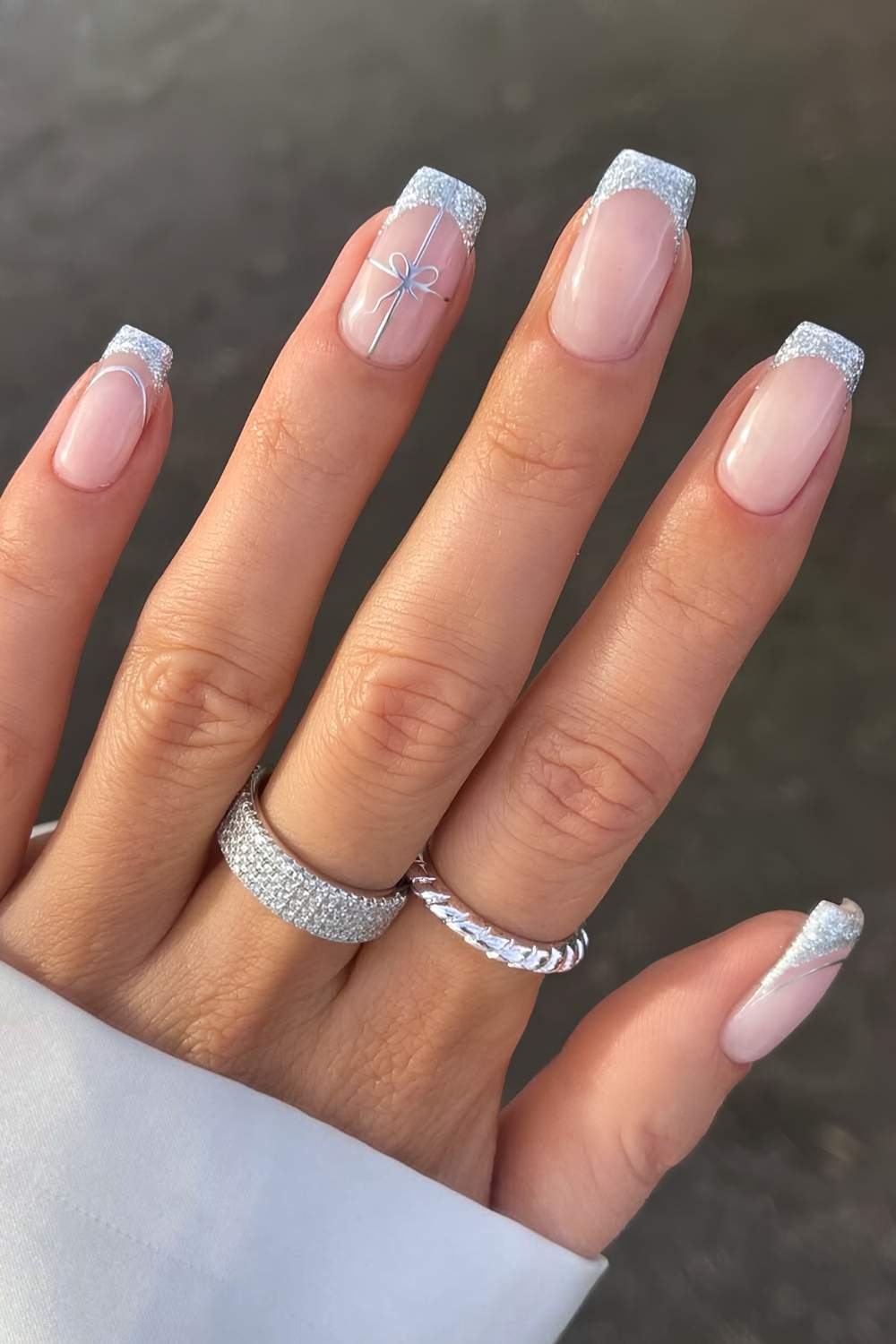 Silver Glitter French Bow Easy Nails