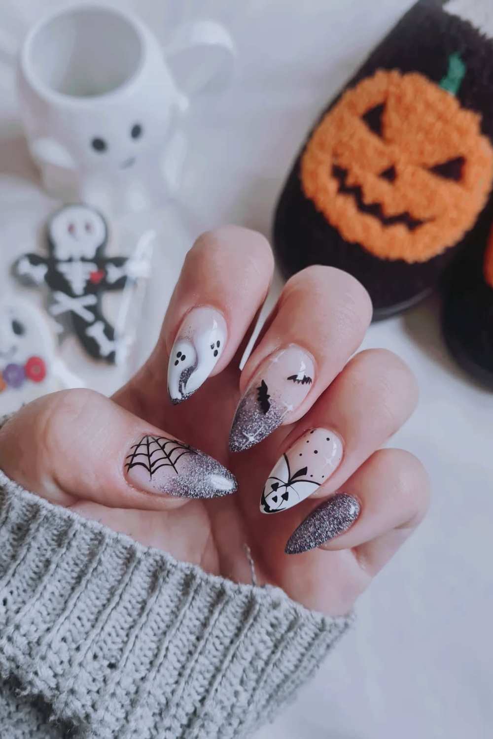 Silver Glitter Ombre Jack Skellington Halloween Nails