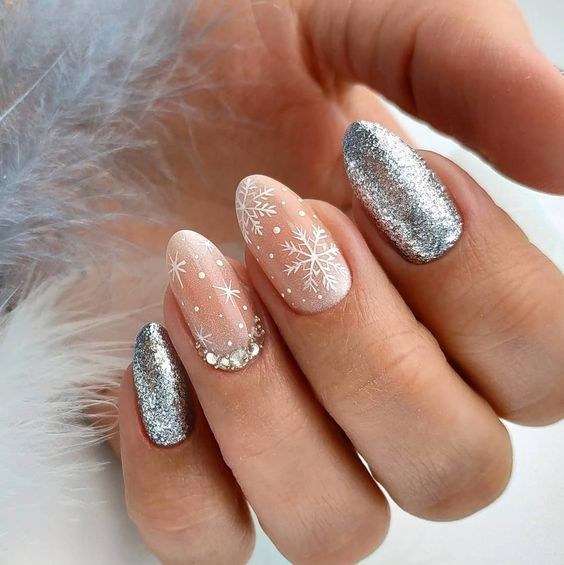 Silver Glitter Snowflake Nails