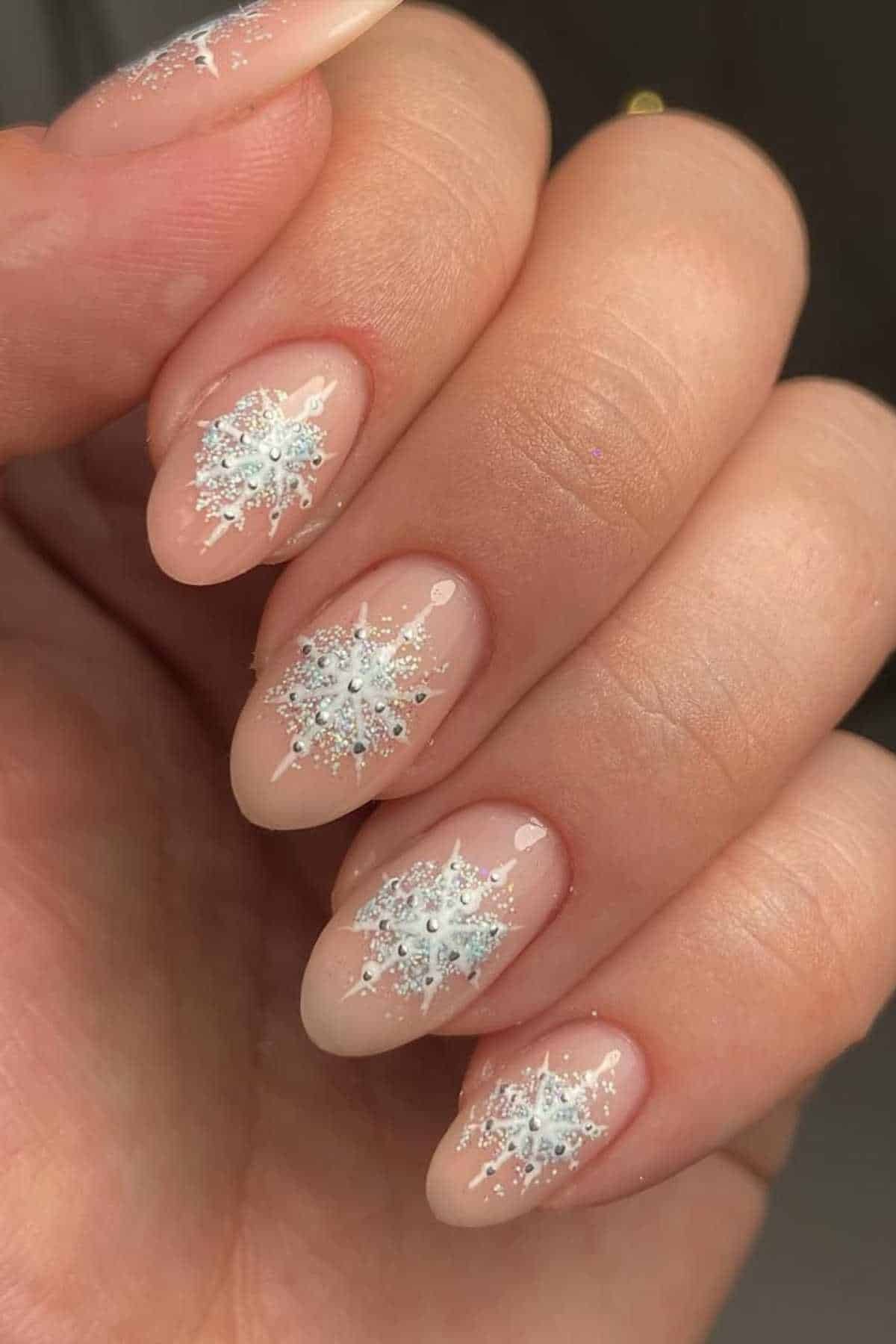Silver Glitter Snowflake Oval Nails