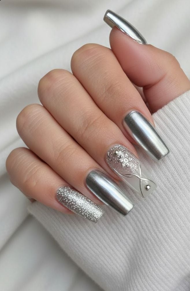Silver Glittery Chrome Nails