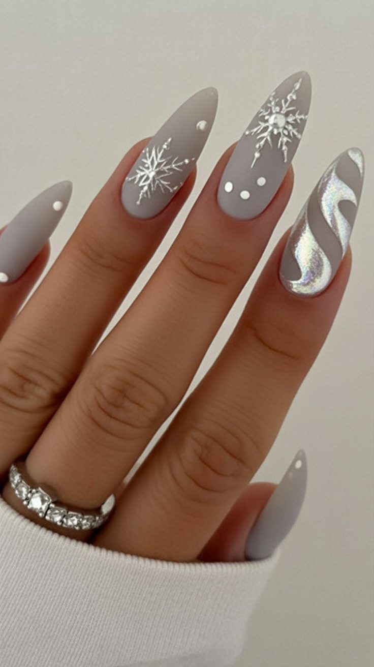 Silver Snowflake Matte Holiday Nails