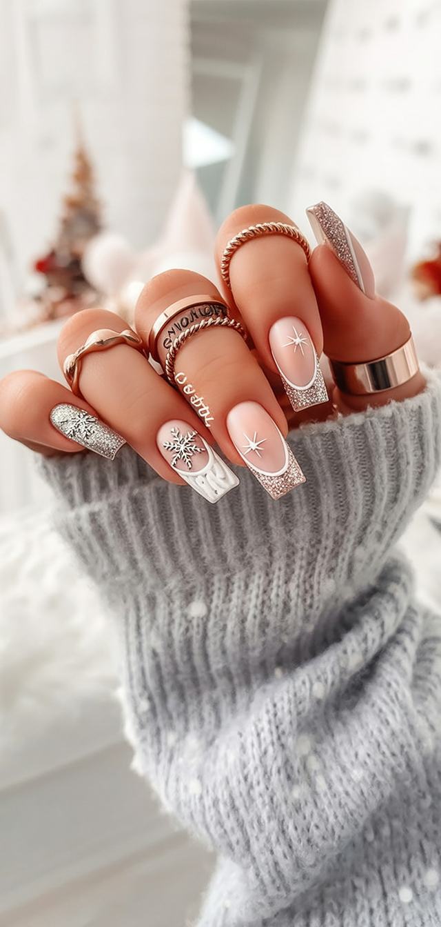 Silver Sparkle Snowflake Square Nails