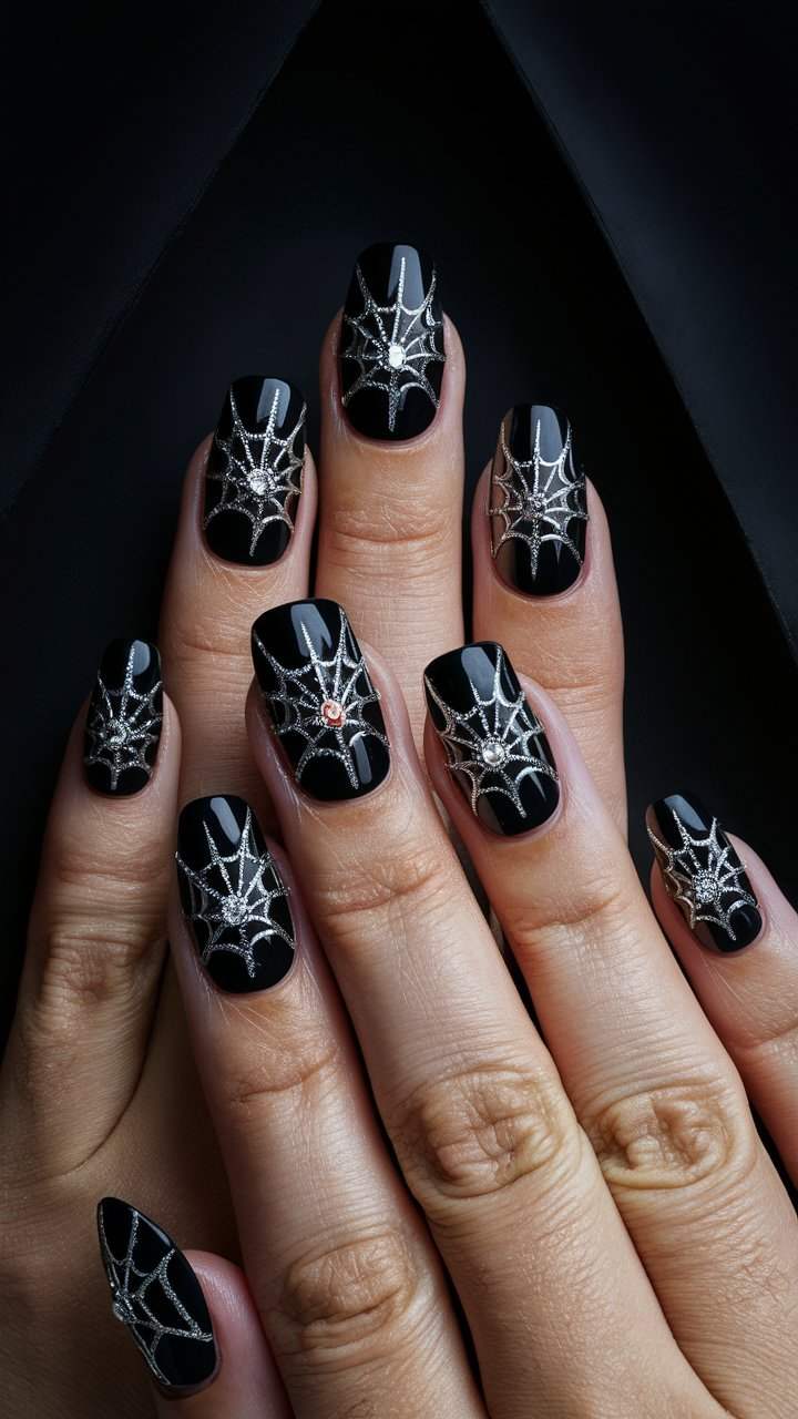 Silver Spiderweb Goth Nails