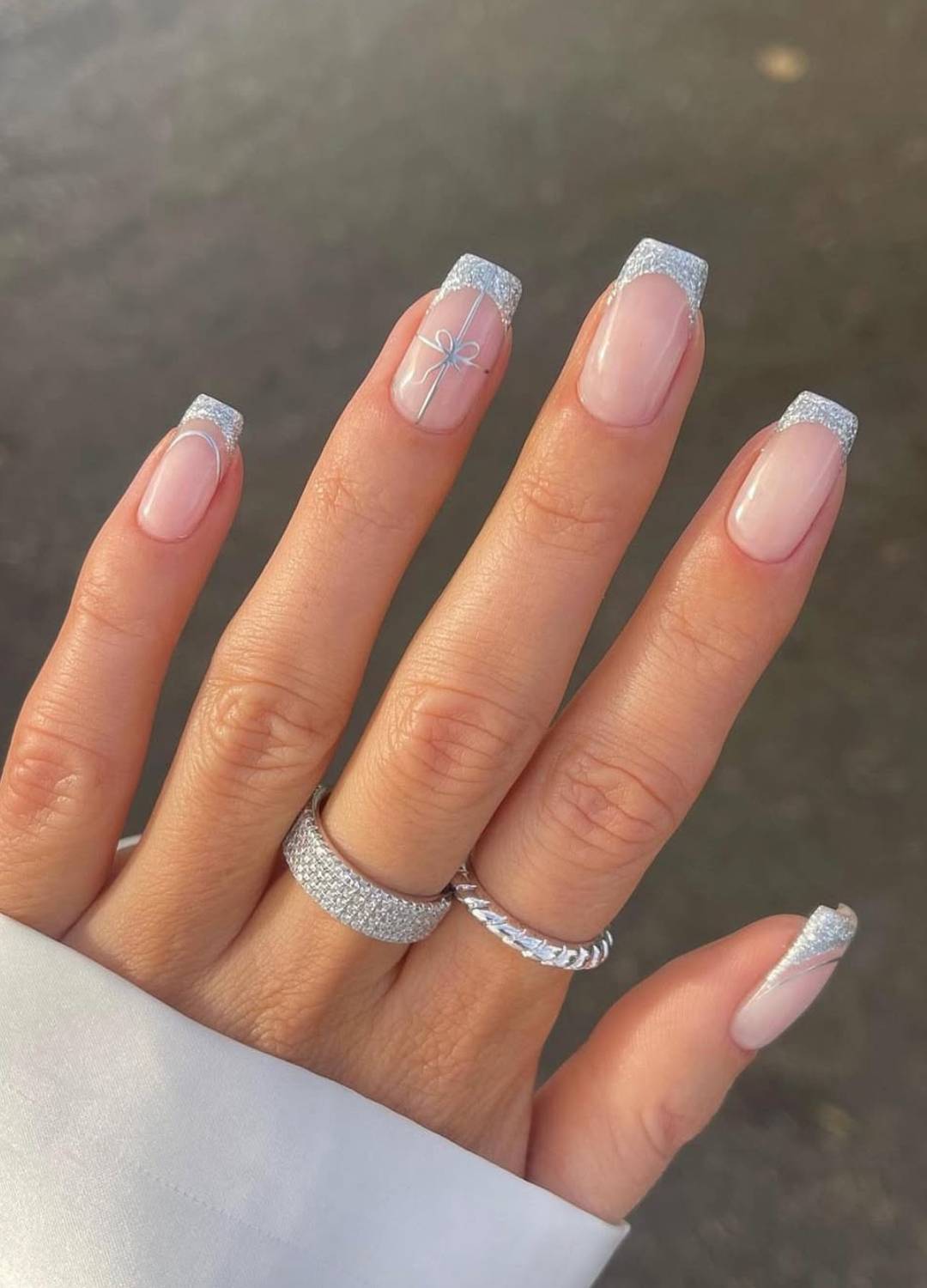 Silver Wrapping Almond Holiday Nails