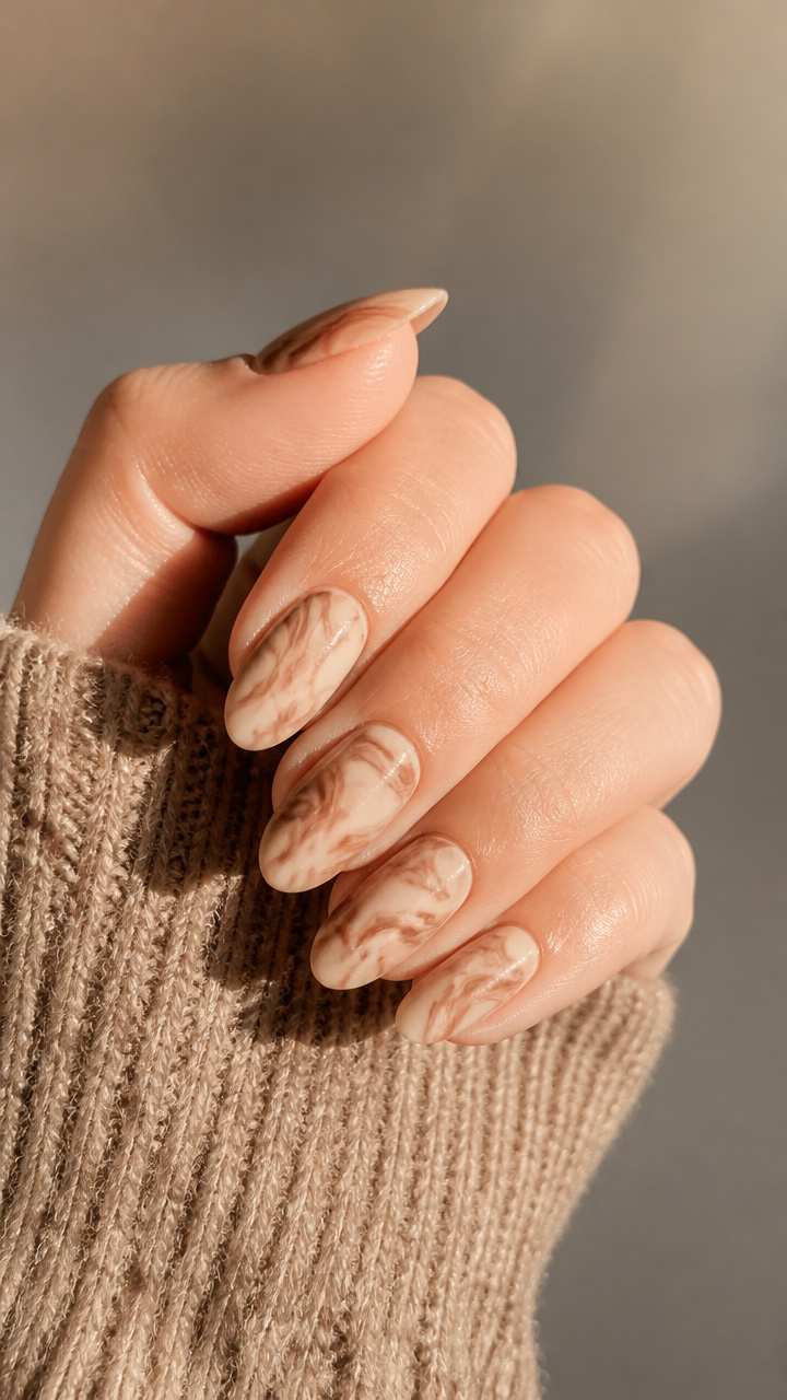 Simple Almond Marble Swirl Thanksgiving Nails