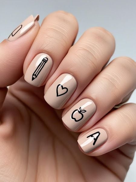 Simple short oval nails with translucent nude base and yellow eraser tip micro lines.