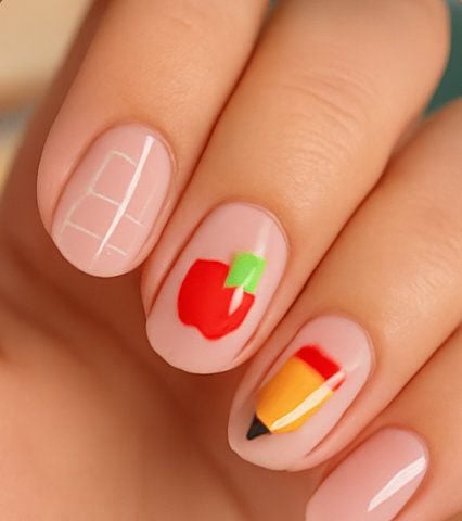 Short square nude nails with ultra thin primary red and yellow micro French tips.
