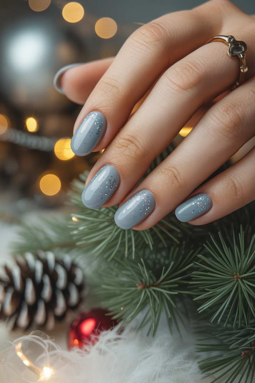 Simple December Nails Short Blue Grey Micro Glitter