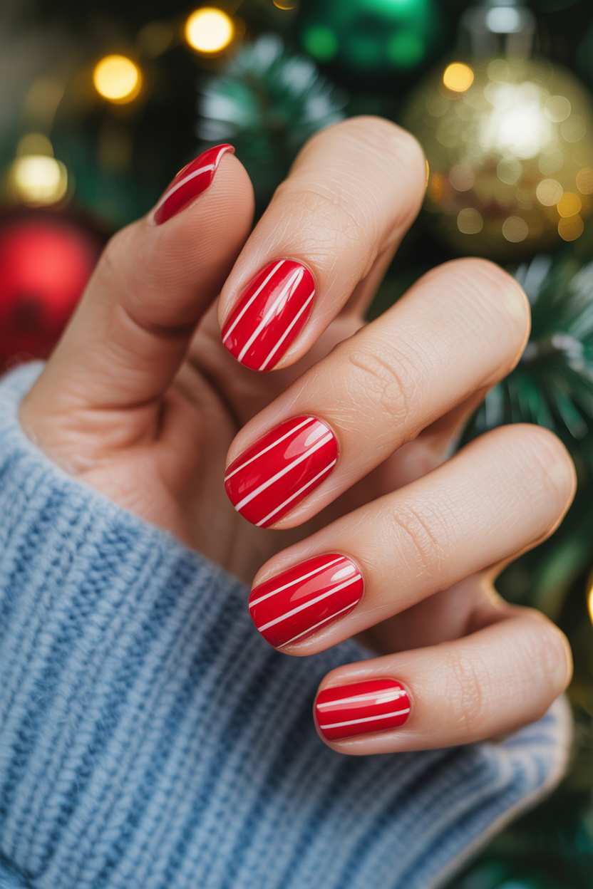 Simple December Nails Short Bright Red Candy Stripes