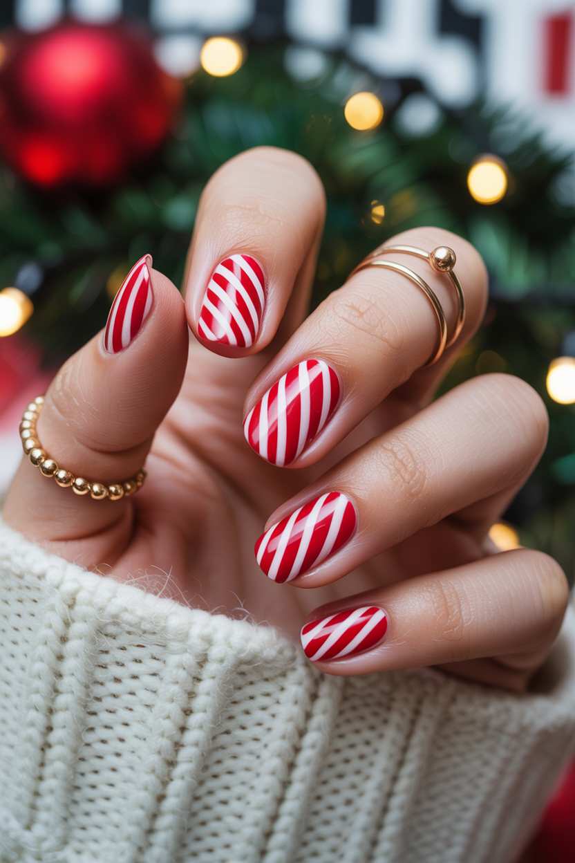 Simple December Nails Short Candy Cane Stripes