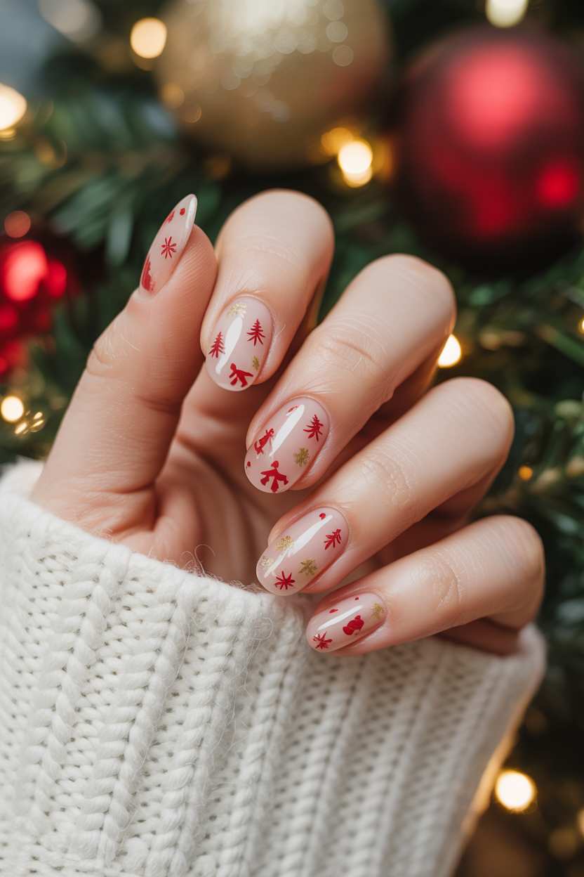 Simple December Nails Short Clear Red Gold Festive