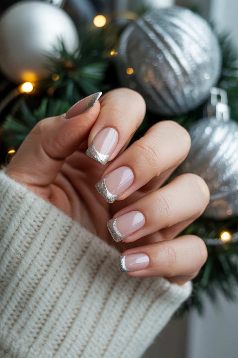 Simple December Nails Short French Silver Accent