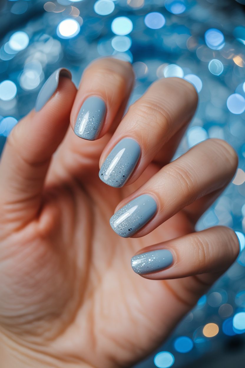 Simple December Nails Short Icy Blue Silver Glitter
